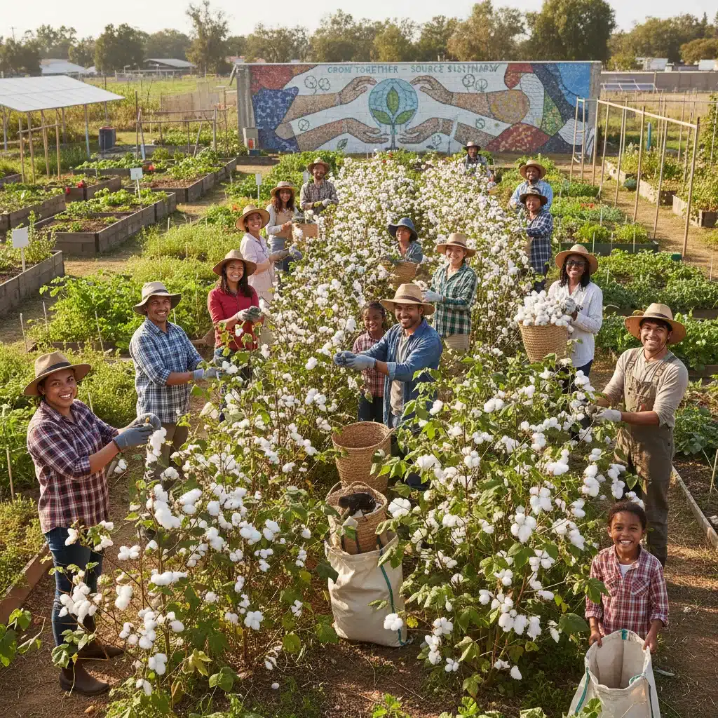 Community harvesting organic cotton, representing sustainable sourcing