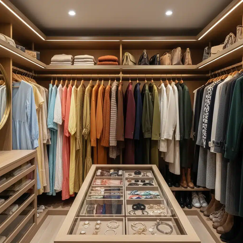 Organized wardrobe featuring a cohesive personal color palette.