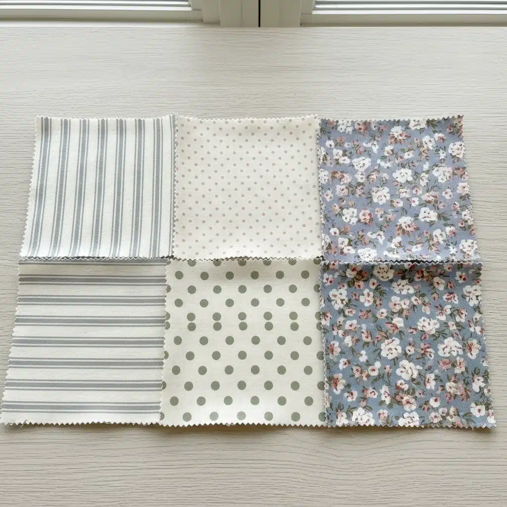 Fabric swatches demonstrating pattern scale and color harmony
