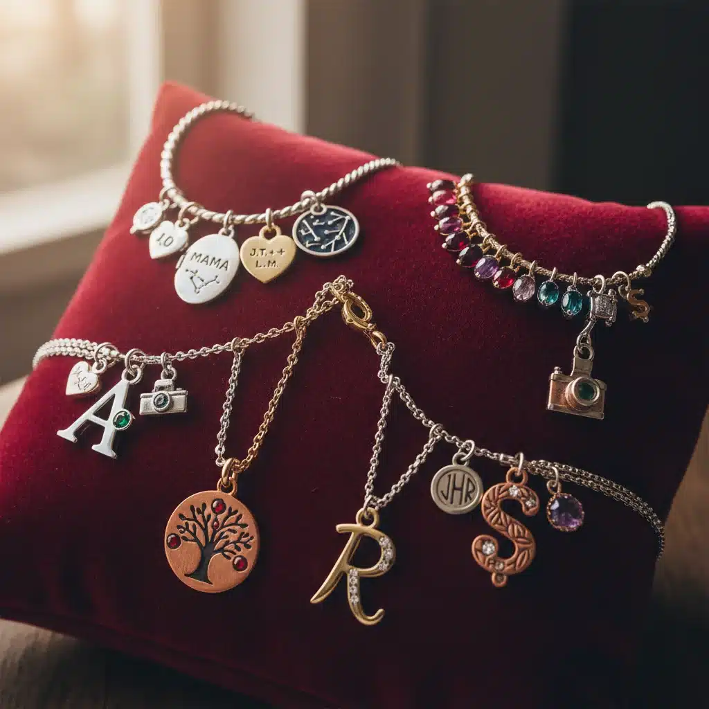 Personalized charm bracelets and initial pendants on velvet, representing unique and meaningful jewelry.