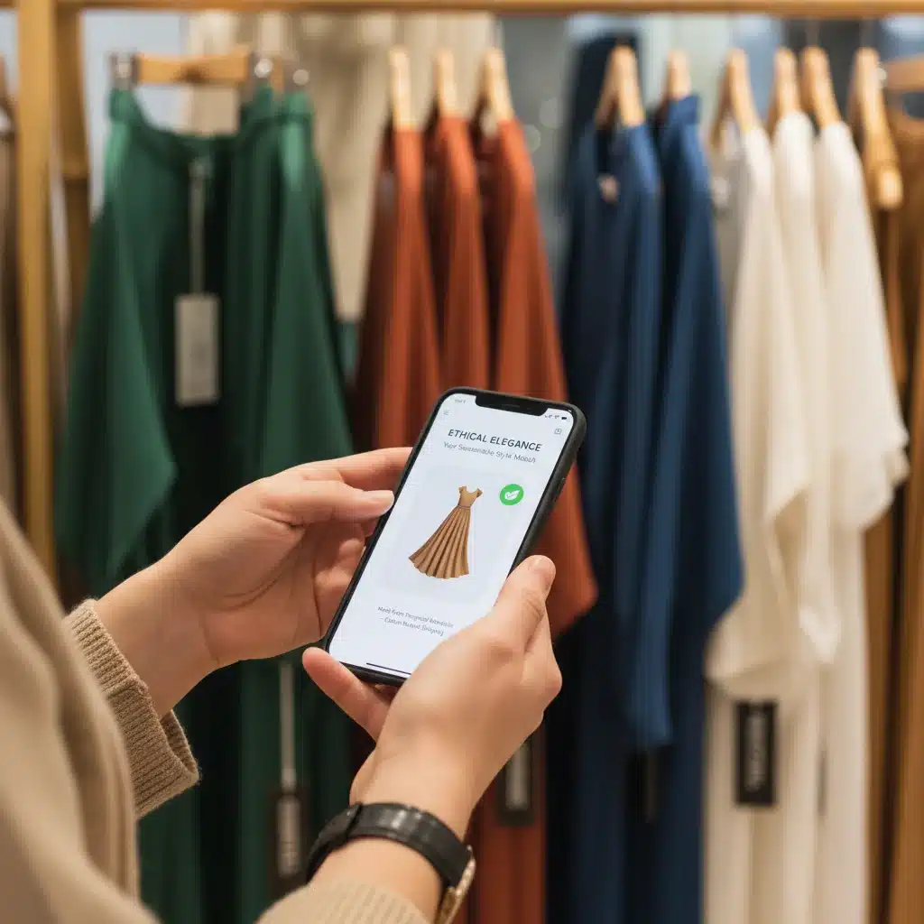 Hands interacting with a personalized fashion app, sustainable clothing in background.