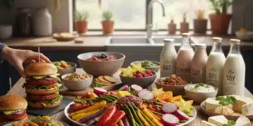 Diverse array of plant-based foods and ingredients on a table, symbolizing future food trends.