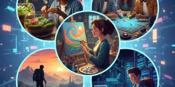 Diverse individuals enjoying popular US hobbies like painting, gardening, board games, hiking, and coding.