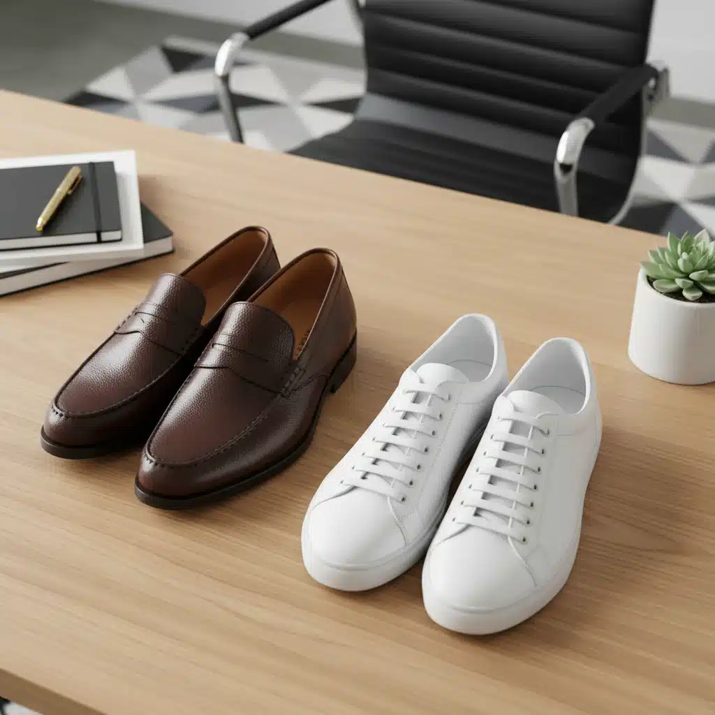Comfortable and stylish professional footwear options, including loafers and sneakers.