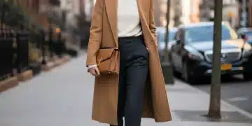 Woman in camel coat embodying quiet luxury style