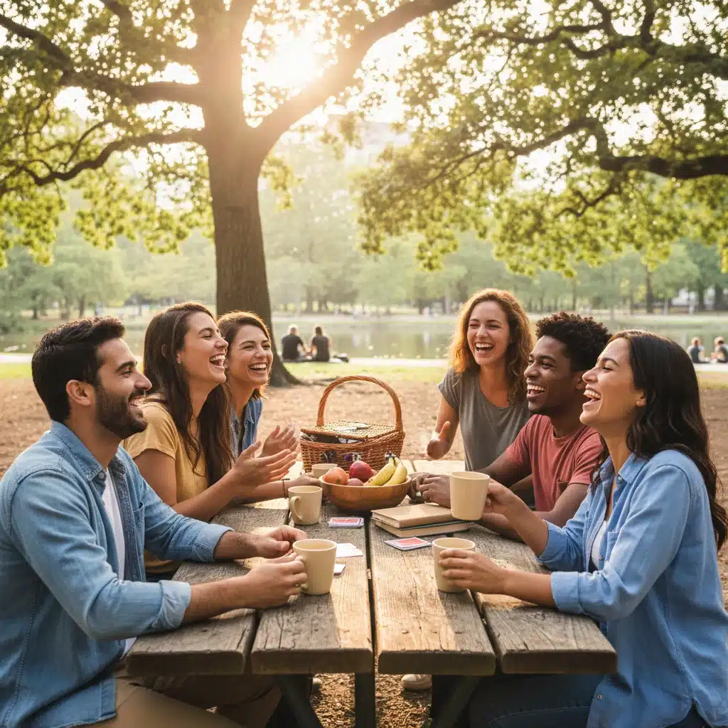Friends enjoying conversation in park without phones