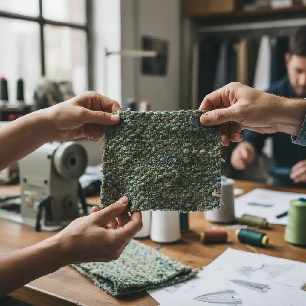 Hands examining a sustainable recycled fabric swatch, showcasing material innovation.