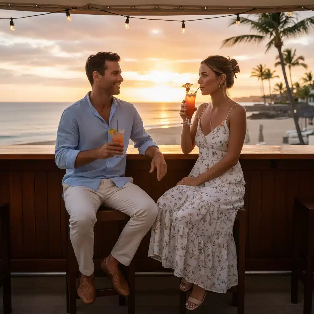 Couple in sophisticated resort wear enjoying sunset cocktails at a luxury resort.