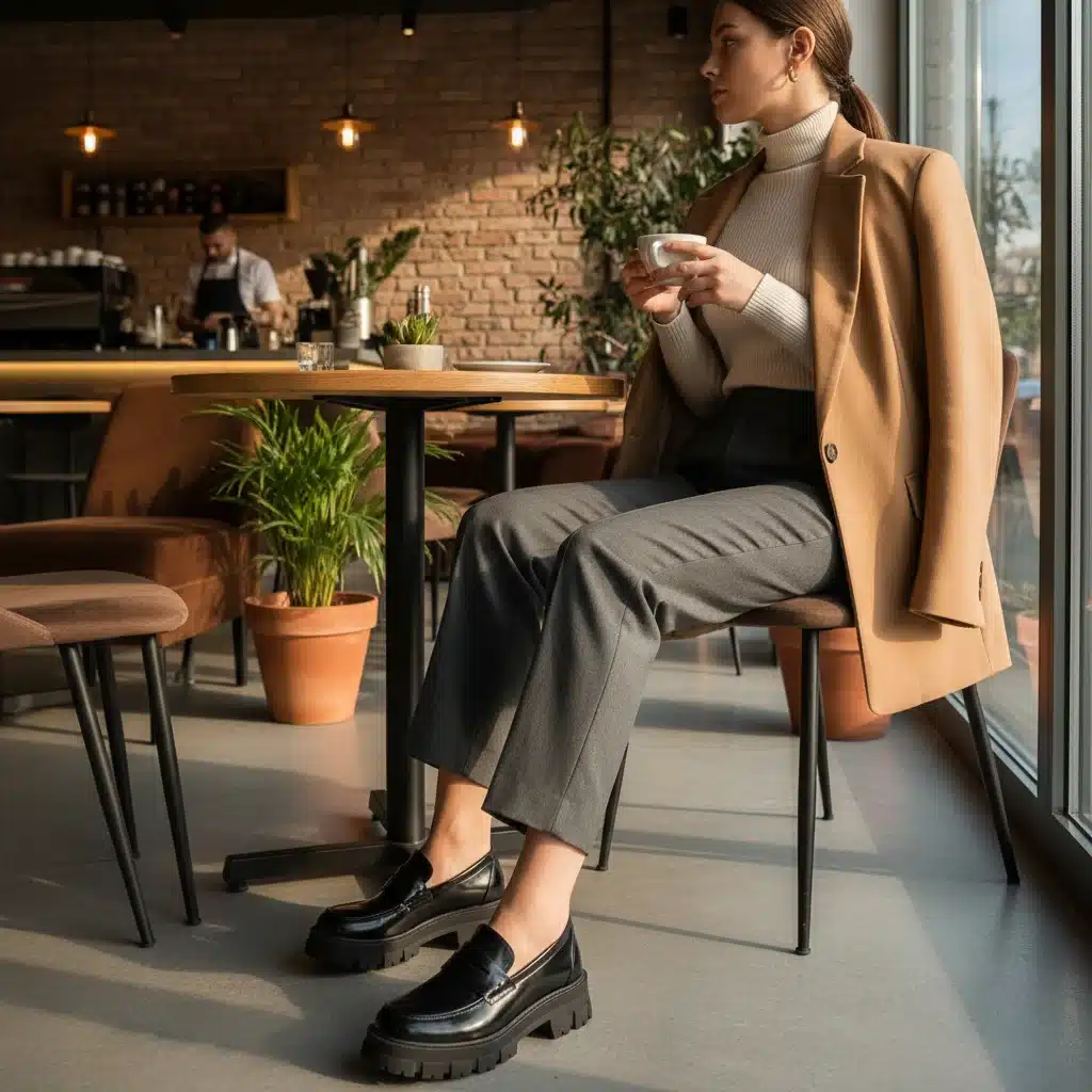 Chunky retro loafers paired with tailored trousers in a cafe