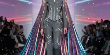 Model on runway showcasing avant-garde fashion week trend