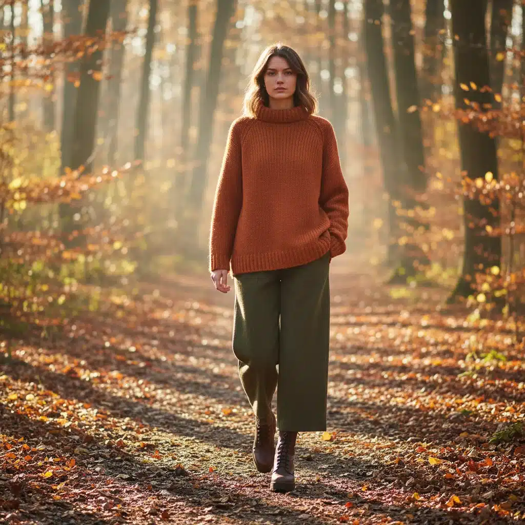Model in Rustic Minimalism, wearing earthy tones and knits in a sunlit forest.
