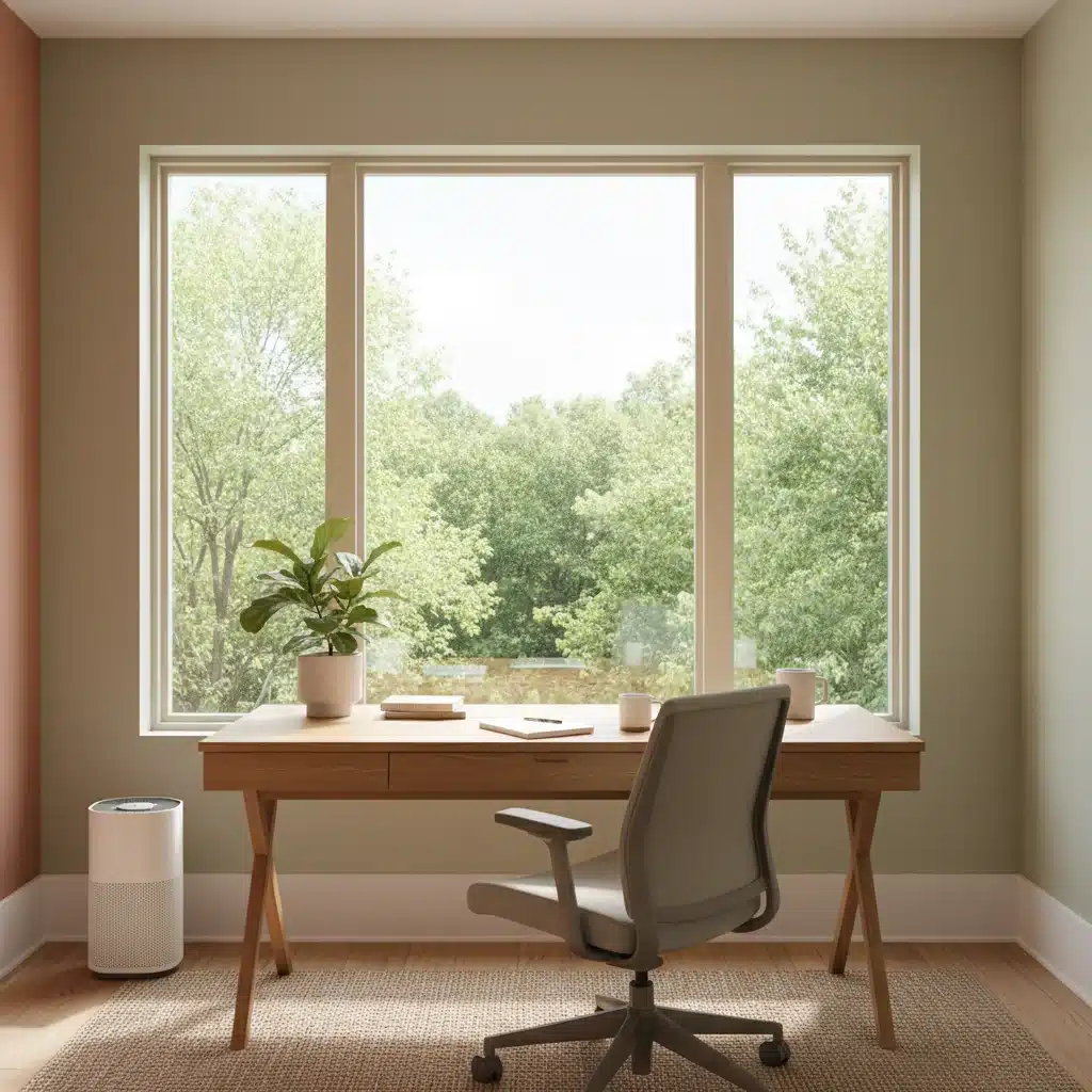 Tranquil home office with natural light, indoor plant, and ergonomic furniture promoting well-being.