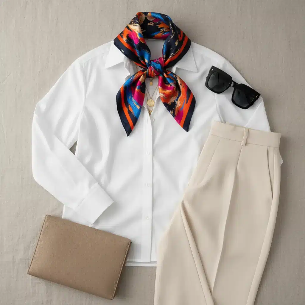 Flat lay of minimalist outfit with art-inspired silk scarf and oversized sunglasses