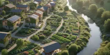 Aerial view of a tranquil slow living community with green spaces and sustainable homes.