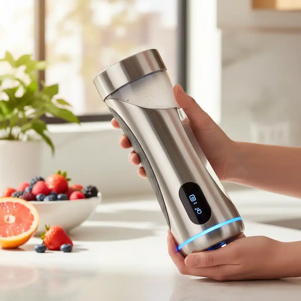 Person using a smart hydration tracking water bottle
