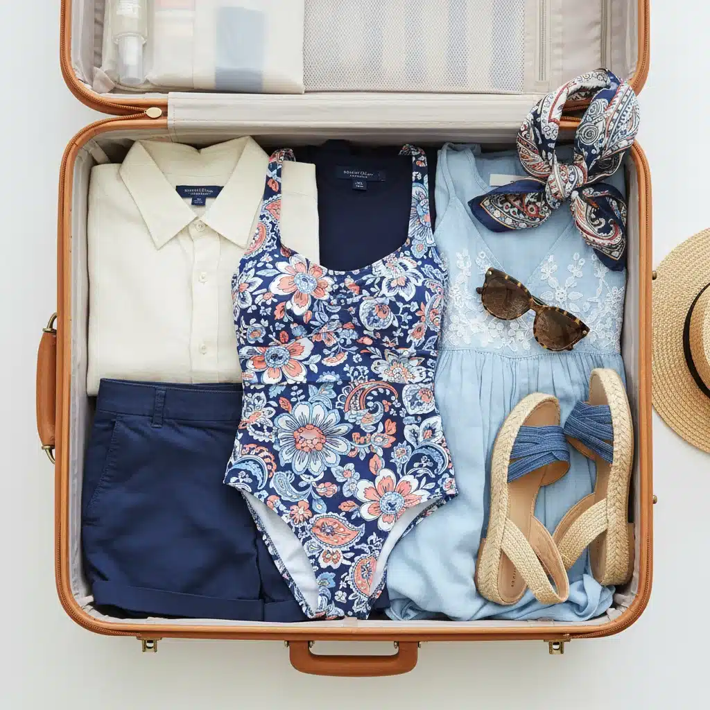 Curated suitcase with essential American resort wear for smart packing.