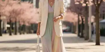 Woman in pastel dress embracing Spring 2026 fashion trends in urban setting