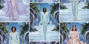 Models on a futuristic runway displaying Spring 2026 fashion trends in vibrant colors and architectural designs.