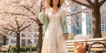 Stylish woman in light spring attire amidst cherry blossoms, symbolizing spring wardrobe transition