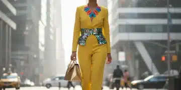 Woman showcasing statement necklace, architectural handbag, futuristic sunglasses, and wide belt