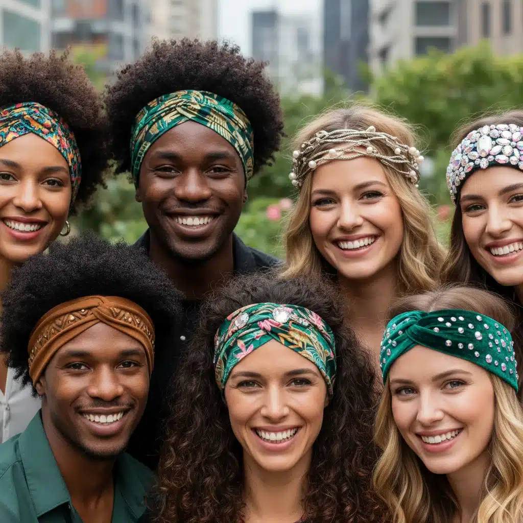 Diverse individuals wearing various statement headbands, celebrating individuality and bold hair accessory trends.