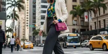 Stylish woman in a chic outfit walking confidently in a city street, embodying modern fashion trends.