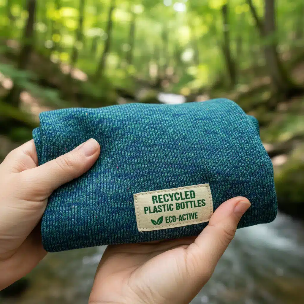 Close-up of sustainable activewear fabric made from recycled materials, highlighting eco-friendly fashion.