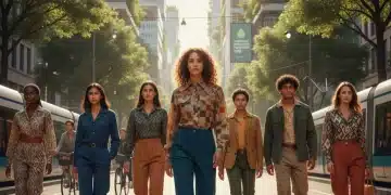 Stylish models in sustainable American fashion walking on an urban street.