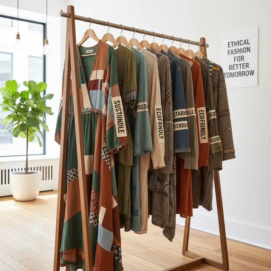 Clothing rack displaying sustainable and eco-friendly garments made from recycled materials.