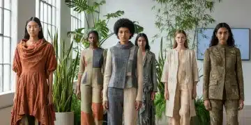 Models wearing sustainable fabric garments in a studio setting.