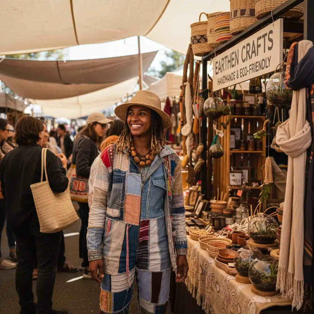 Individual in upcycled fashion shopping at a sustainable artisan market