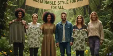 Consumers embracing sustainable fashion choices, smiling with eco-friendly clothing