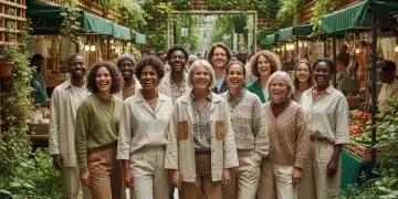 Diverse individuals showcasing sustainable fashion in an urban green space.