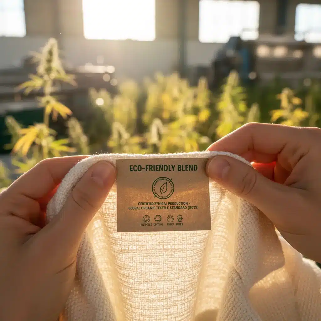 Hands inspecting sustainable fashion garment label