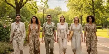 Diverse group wearing stylish sustainable fashion in a park, embodying eco-conscious living.