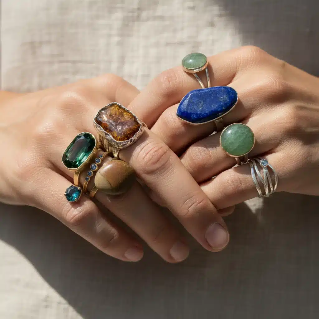Sustainable gemstone rings in earthy tones, crafted from recycled metals, showcasing ethical jewelry trends.