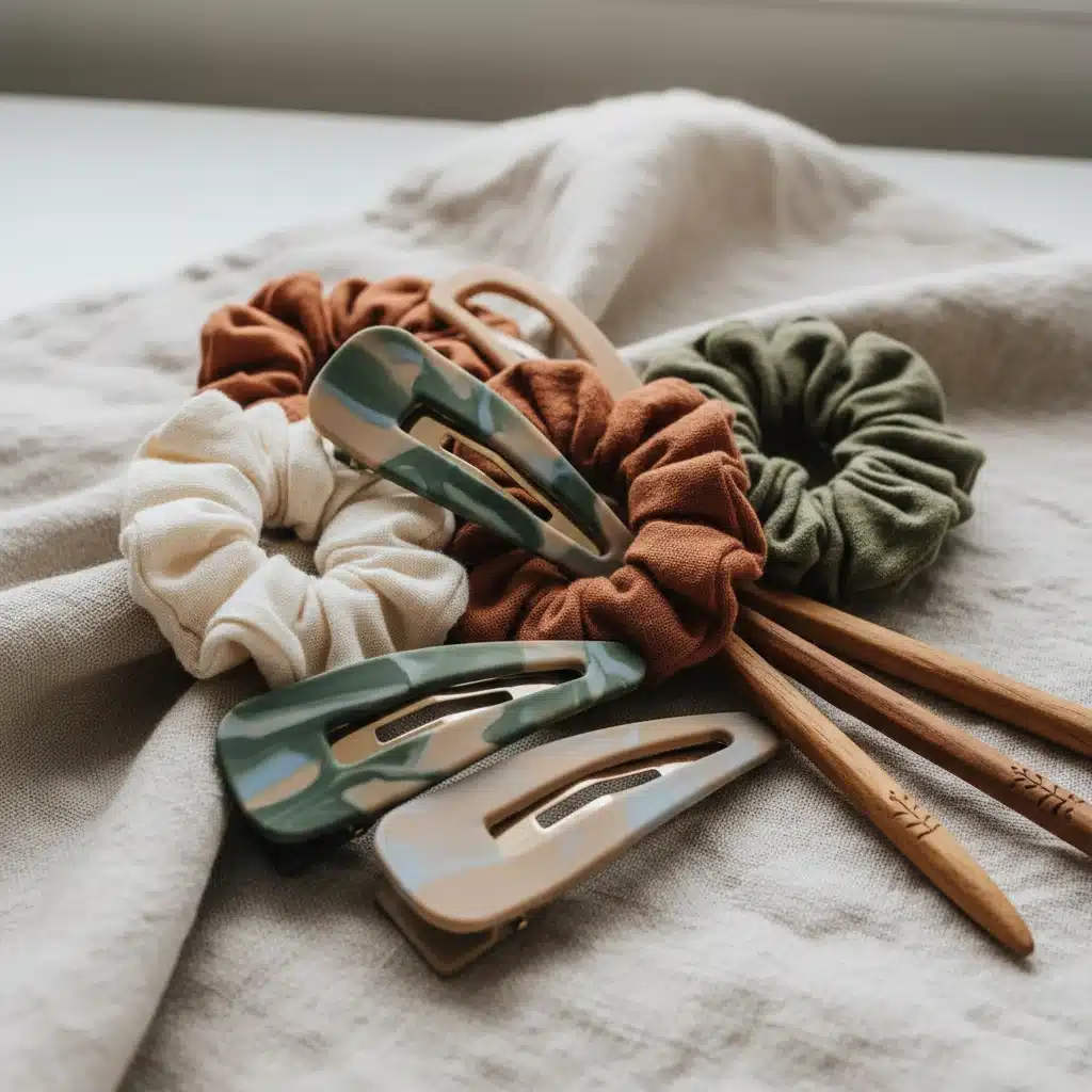 Collection of sustainable hair accessories like biodegradable clips and organic scrunchies on linen.