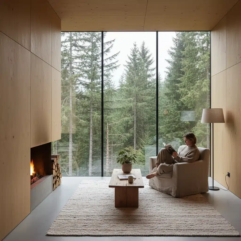 Minimalist sustainable home interior with a person reading by the fireplace.