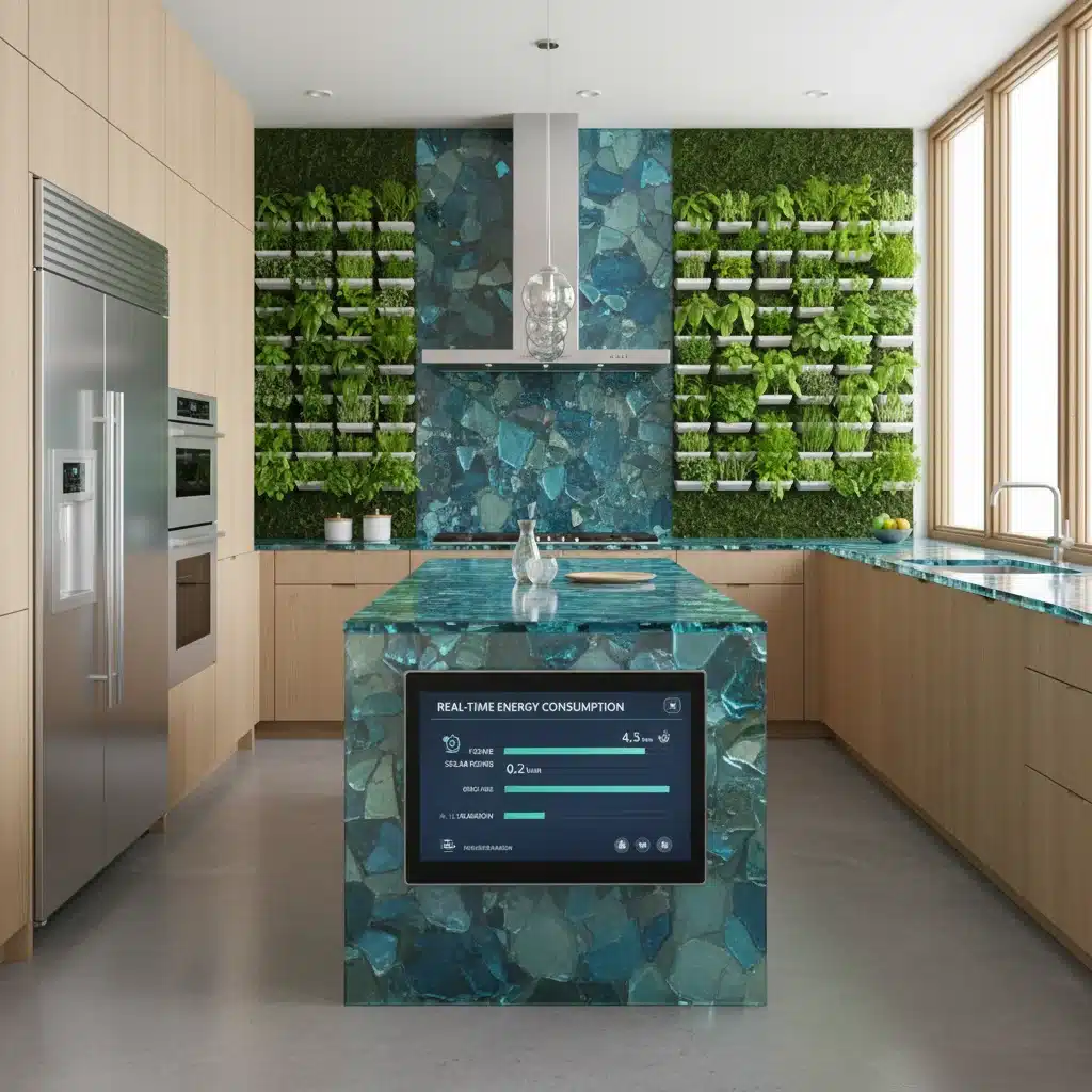 Sustainable smart kitchen with energy-efficient appliances, recycled materials, and integrated herb garden.