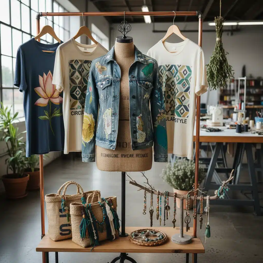 Upcycled and repurposed clothing items demonstrating sustainable fashion and unique craftsmanship.