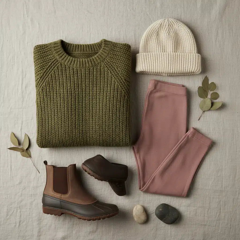Flat lay of sustainable winter fashion essentials: recycled cashmere sweater, organic leggings, wool beanie, eco-friendly boots