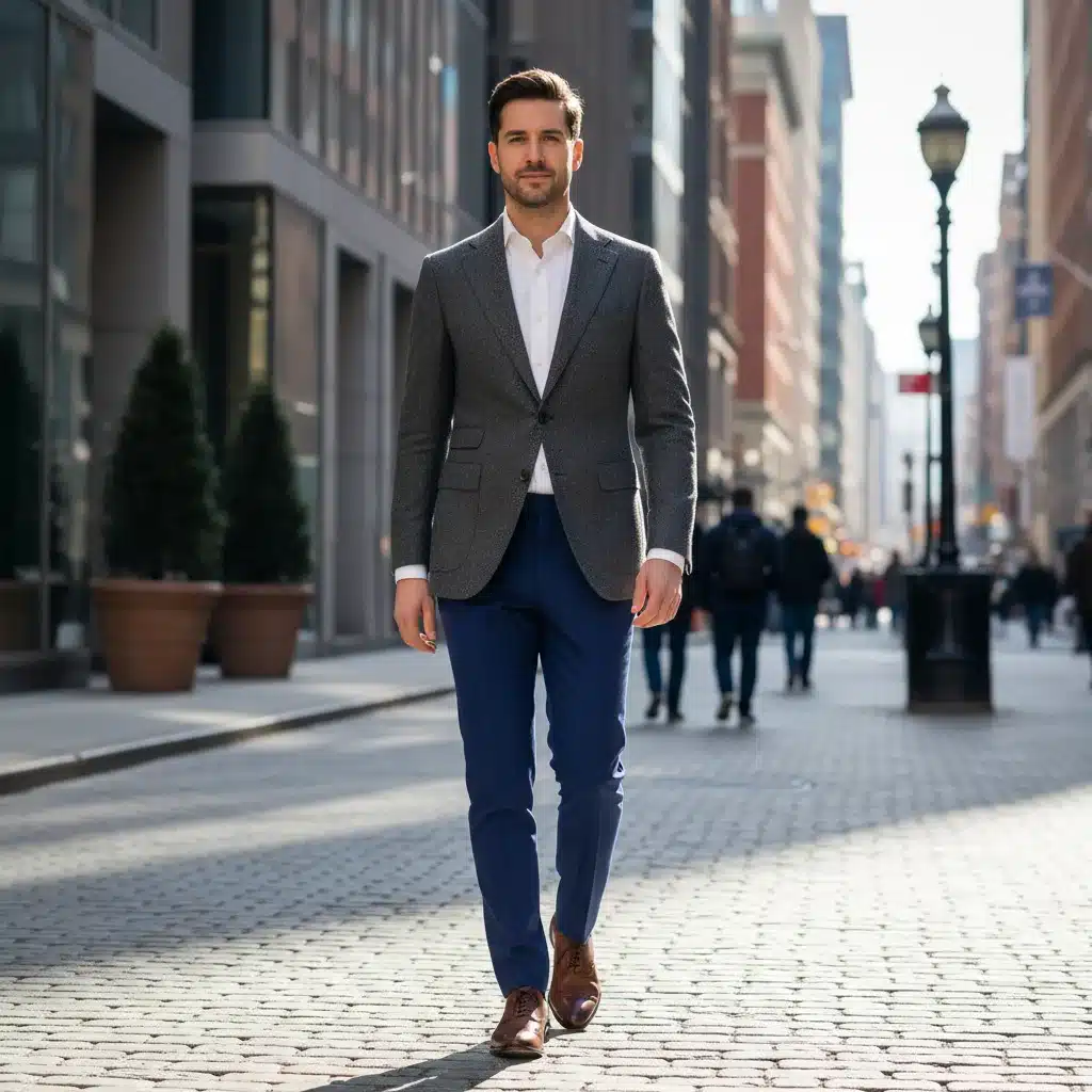 Person wearing a perfectly tailored wool blazer, showcasing a smart fashion investment