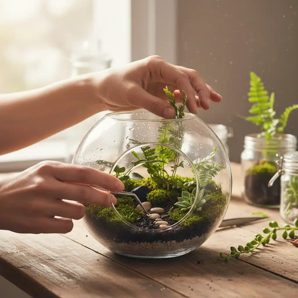 Hands meticulously crafting a miniature terrarium, showcasing the intricate details of indoor gardening.