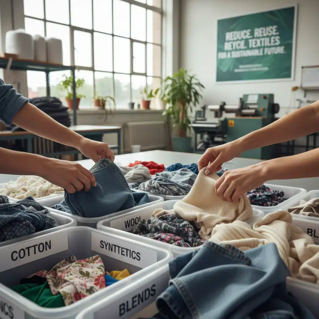Hands sorting fabric scraps into recycling bins for textile waste management.
