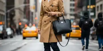 Woman in trench coat, dark jeans, and leather boots embodying timeless American style.