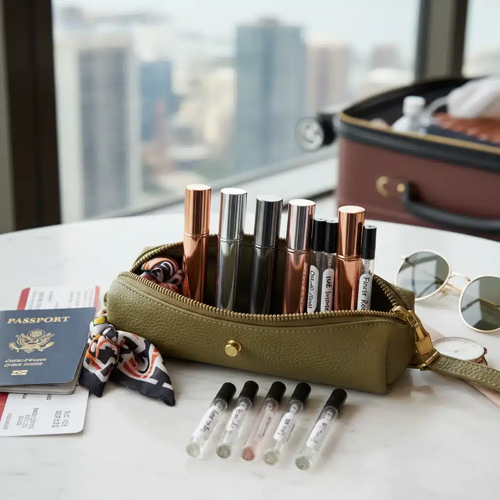 Travel-sized perfumes and samples in a stylish pouch, symbolizing a versatile fragrance collection.
