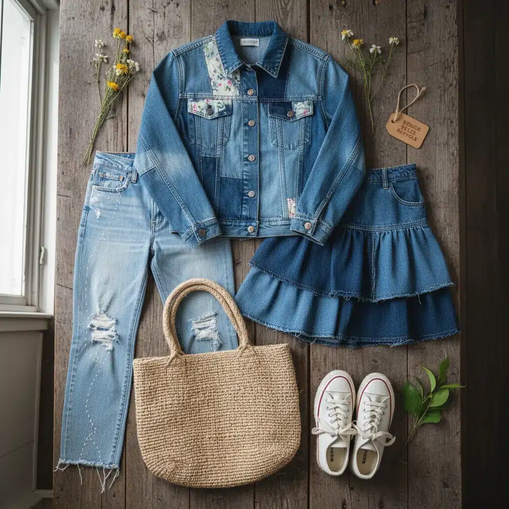 Flat lay of upcycled denim clothing and sustainable accessories