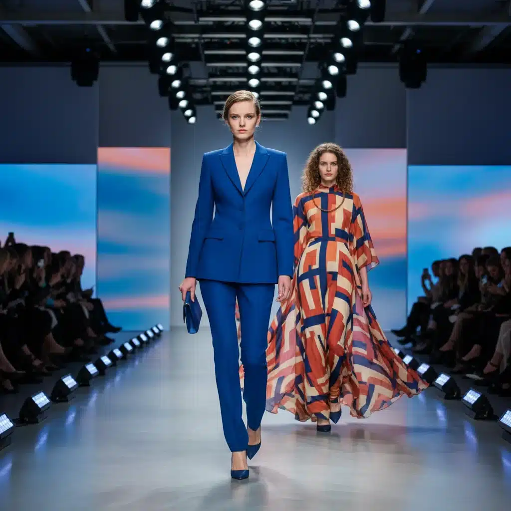 Runway models in Urban Cobalt Blue and Terracotta Ember fashion.