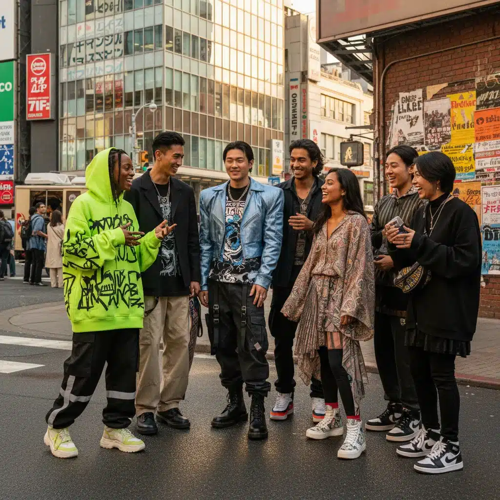 Diverse group wearing luxury streetwear on urban street