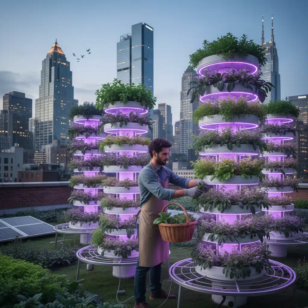 Urban farmer tending to vertical gardens in a city setting, representing local sustainable sourcing.